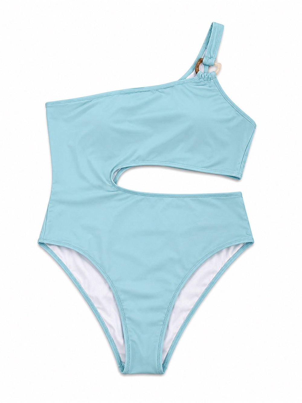 Asymmetric One-Shoulder Cutout One-Piece Swimsuit in Light Blue